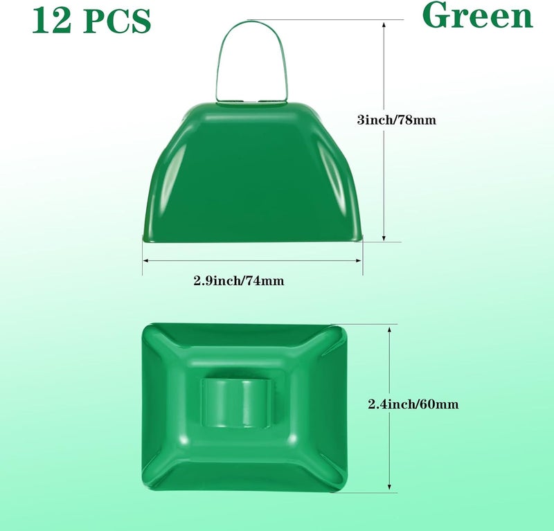 HEYLEAYAR 3Inch Cowbells for Sporting Events,12Pcs Metal Cow Bells Bulk Loud Noise Makers Cow Bell with Handle for Cheering Football Games Spirit Marathon Weddings Party Noisemakers, Green - Image 2